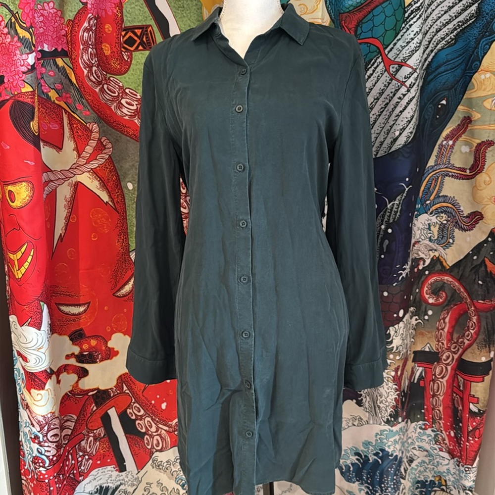 Beautiful deep teal green shirt dress with smocked waist front or back tie belt